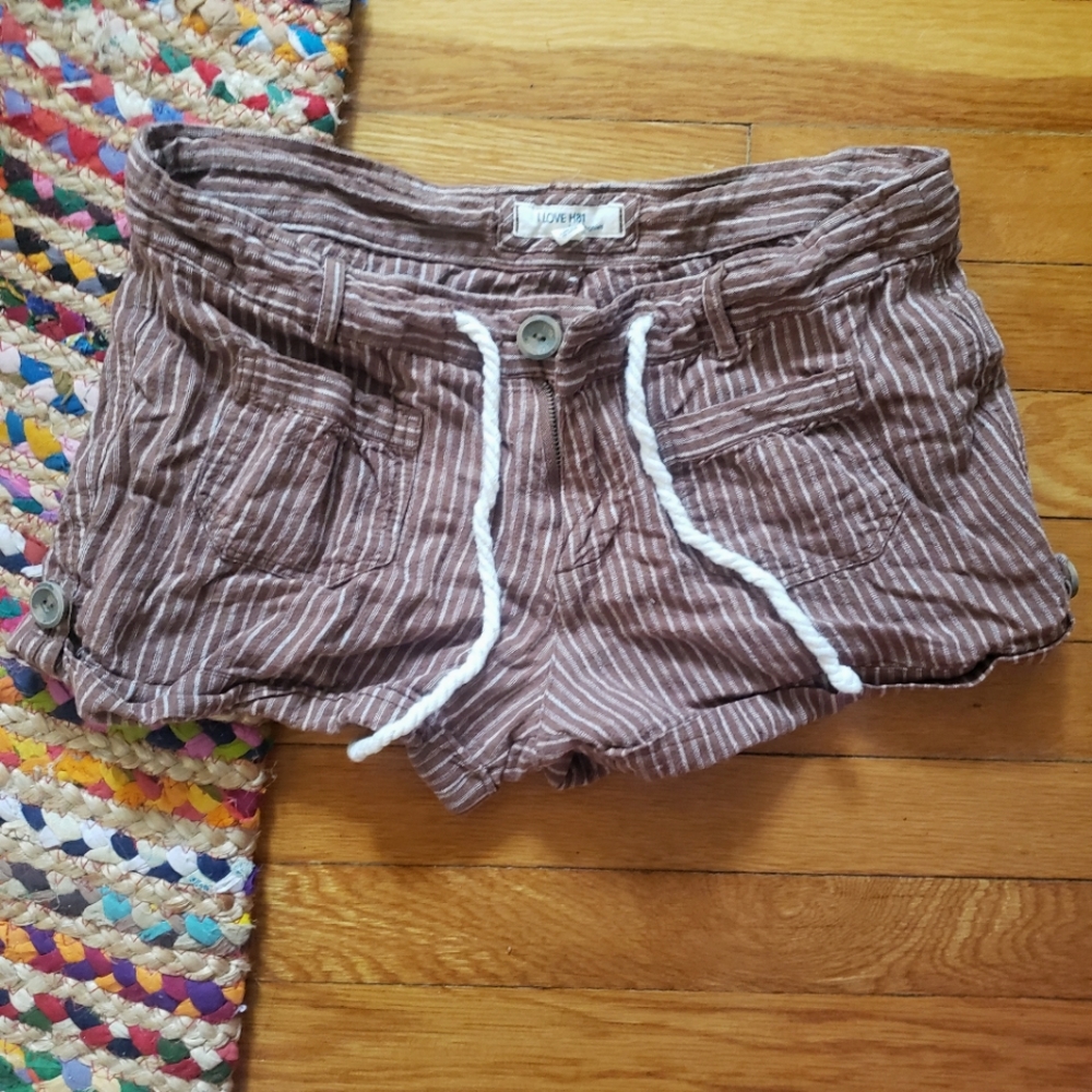 Brown and White Striped Drawstring Shorts